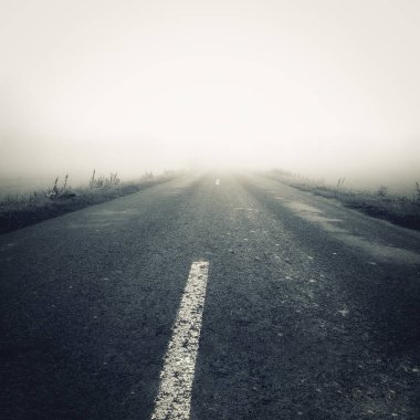 Sisin içinde boş bir yol var. Sonbahar mevsiminde sisli asfalt yol.