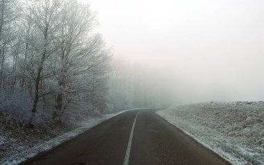 Macaristan, Pannonhalma yakınlarındaki ormandan geçen kış yolu.