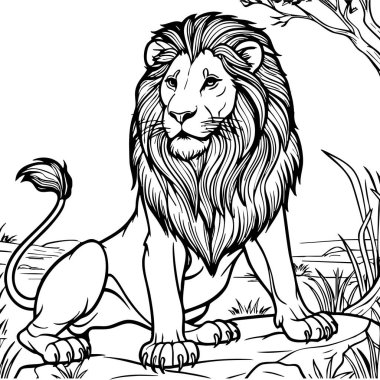 Bu ayrıntılı renkli sayfa, doğal bir savanada kayanın üzerinde oturan gururlu ve görkemli bir aslanı gösteriyor.. 