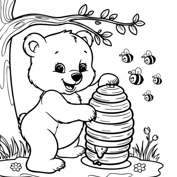 Bu yürek ısıtan renk sayfasında, arılar huzurlu bir orman ortamında vızıldarken sevimli bir ayı yavrusu mutlu bir şekilde arı kovanına bağlanıyor. Ayı sevinçli bir gülümseme ile arka ayakları üzerinde duruyor, balın damlasını merak ediyor.