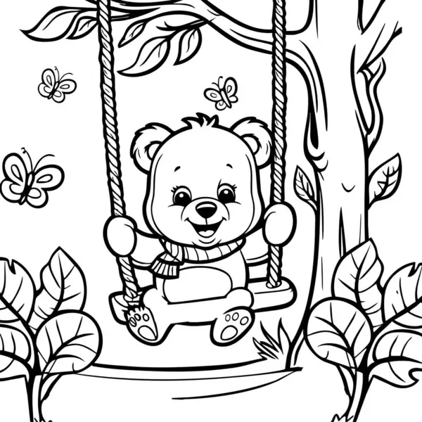 Bu renkli sayfada küçük sevimli bir ayı salıncakta sallanıyor. Doğa, kelebekler ve büyük yapraklı ağaçlarla çevrili ayı, bir eşarp takıyor ve sevinçle gülümsüyor. Bu sahne eğlenceli ve rahatlatıcı bir renk etkinliği sağlar.