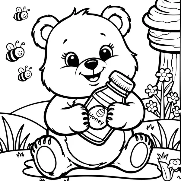 Bu renkli sayfada, çayırda oturmuş, bir şişe bala mutlu bir şekilde sarılan sevimli bir ayı var. Etrafında vızıldayan arılar, çiçekler ve huzurlu bir doğa sahnesi var. Hayvanları ve doğayı seven çocuklar için mükemmel bir baskı. Lanet olsun.