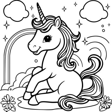 Bu hoş renkli sayfa, gökkuşağının altında parlak yıldızlar ve neşeli bulutlarla çevrili akan yelesi olan sevimli bir tek boynuzlu atı gösteriyor. Sihir ve yaratıcılığa ilham vermek için tasarlanmış bu tuhaf sahne, genç çocuklar için mükemmel.