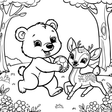 Bu iç açıcı renkli sayfa, çiçeklerle dolu bir ormanda top oynayan sevimli bir ayı ve neşeli bir geyiği gösteriyor. Dostça ifadeler ve doğal çevreyle bu sayfa çocukları arkadaşlığın ve doğanın kıymetini bilmeye teşvik ediyor.