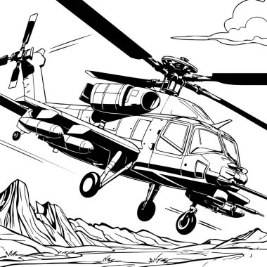 Bu aksiyon dolu renkli sayfada bir Apaçi saldırı helikopteri dağlık arazide alçaktan uçuyor. Uçak, görünür silahlar, hareket halindeki pervaneler ve havacılık meraklısı için ideal mekanik parçalar da dahil olmak üzere gerçekçi detaylarla dolu.