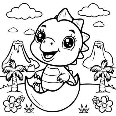 Bu renkli sayfa, canlı tarih öncesi bir manzarada yumurtasından neşeyle çıkan sevimli bir bebek dinozoru gösteriyor. Volkanlar, palmiye ağaçları ve gülen çiçeklerle küçük dinozoru çevreleyen bu sahne hayal gücü ve yaratıcılık için mükemmel.