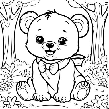 Bu iç açıcı renkli sayfa ağaçlar ve çiçek açan çiçeklerle çevrili bir çayırda sakince oturan neşeli bir ayı yavrusunu gösteriyor. Kurdele ve eşarp takan ayı, neşeli ve huzurlu görünüyor. Bu da onu, çocukları seven çocuklar için harika bir renk seçimi yapıyor. 