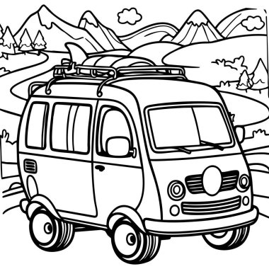 Bu ilgi çekici boyama sayfası, üzerinde sörf tahtaları olan ve eğlenceli bir yolculuğa hazır olan neşeli bir minibüsü gösteriyor. Virajlı yollar, yuvarlanan tepeler ve arka plandaki manzaralı ağaçlar macera ve tatilin ruhunu çağrıştırıyor.