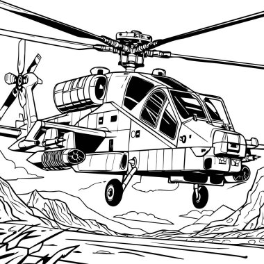Bu ayrıntılı boyama sayfası, dağlık bir bölgenin üzerinde havada uçuşan askeri tarzda bir helikopteri tasvir ediyor. Güçlü mekanik çizgiler ve gerçekçi tasarım ile, bu renk tablosu büyük çocuklar veya havacılık meraklıları için idealdir. 