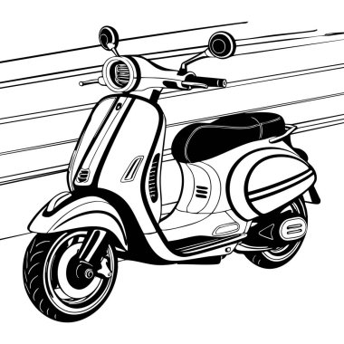 Bu renkli sayfa, hareketini vurgulayan hız çizgileriyle hızlı giden şık bir retro scooter 'ı gösteriyor. Çocuklar ve araç meraklıları için ideal olan bu sayfa, zarafet ve eğlenceyi temiz çizgiler ve dinamik bir perspektifle birleştirir..
