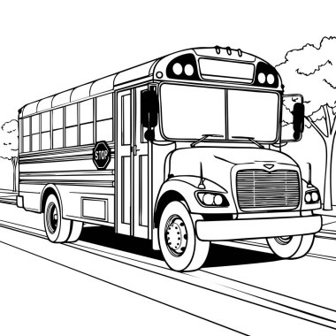 Bu eğitici boyama sayfası ağaç çizgili bir yol boyunca giden klasik bir okul otobüsünü gösteriyor. Otobüsün pencereleri, dur işaretleri ve farları net bir şekilde açıkken, genç öğrenciler ve ulaşım temalı aktiviteler için ideal..