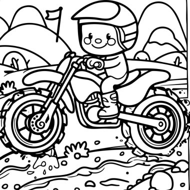 Bu renkli sayfada, arka planda dağlar ve tepeler olan engebeli arazide motosiklet süren neşeli bir çocuk görülüyor. Açık hava maceralarının ve off-road bisikletlerinin heyecanını genç sanatçılar için mükemmel bir çizgi film stiliyle yakalıyor..
