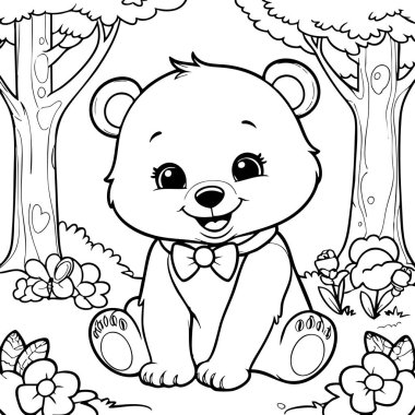 Bu sevimli renkli sayfa, çiçeklerle ve kelebeklerle dolu neşeli bir ormanda oturan sevimli bir ayı yavrusunu gösteriyor. Neşeli ifadesi ve huzurlu çevresiyle çocukların doğayı ve hayvan hayatını keşfetmesi için büyüleyici bir aktivite sunuyor.