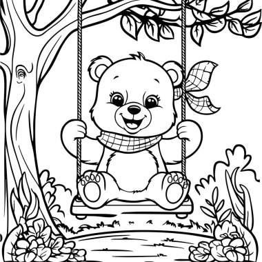 Bu neşeli renkli sayfa bereketli bir ormanda ağaçtan neşeyle sarkan sevimli bir ayı yavrusunu gösteriyor. Çiçekler ve yeşilliklerle çevrelenmiş bu sahne, küçük çocukların yaratıcı renklerle doğanın ve hayvan temalarının tadını çıkarması için mükemmeldir..