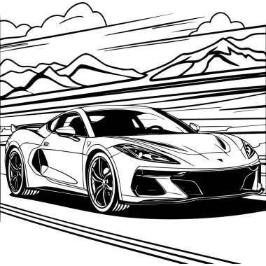 Bu dinamik renkli sayfada, arka planda görkemli dağlar bulunan bir otoyolda yarışan şık bir spor araba görülüyor. Araba meraklıları ve hızlı arabalardan, hareketten ve modern araç tasarımlarından hoşlanan çocuklar için mükemmel..