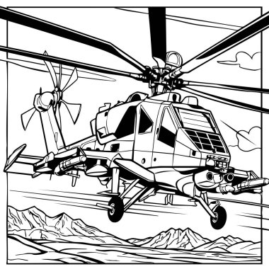 Bu boyama sayfasında engebeli dağların üzerinden uçan çok detaylı bir askeri helikopter var. Karmaşık çizgiler ve gerçekçi tasarım uçak ve mekanik temalardan hoşlanan daha büyük çocuklar ve yetişkinler için mükemmel hale getiriyor. # İdeal olanlar için #