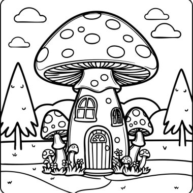 Bu boyama sayfasında büyülü bir ormana yerleşmiş büyüleyici bir mantar evi var. Uzun ağaçlar, küçük mantarlar ve kabarık bulutlarla çevrili sahne, çocukları hayal güçlerini ve yaratıcılıklarını kullanmaya davet ediyor. Gülen ağaçlı çizgi film tasarımı.