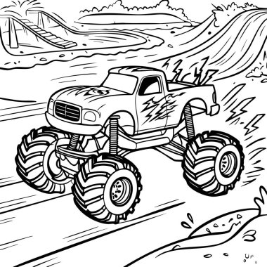 Bu renkli sayfa, engebeli ve çamurlu bir arazide hızla ilerleyen güçlü bir canavar kamyonun aksiyon dolu bir sahnesini gösteriyor. Dev tekerlekler, uçan çamur ve yıldırım çıkartmaları bu sayfaya enerji ve heyecan getiriyor.