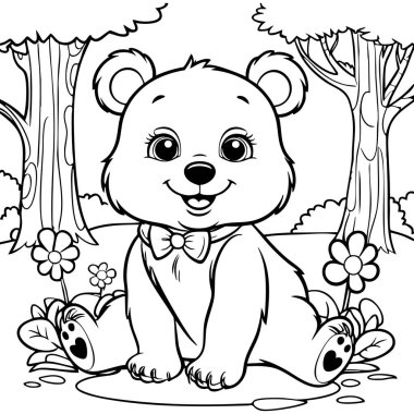 Bu sevimli boyama sayfasında çiçekler ve ağaçların arasında oturan neşeli bir ayı yavrusu var. Geniş gülüşü, yuvarlak gözleri ve papyonuyla bu resim çocuklar için mükemmel ve eğlenceli ve yaratıcı bir aktiviteye girişmelerine yardımcı oluyor..