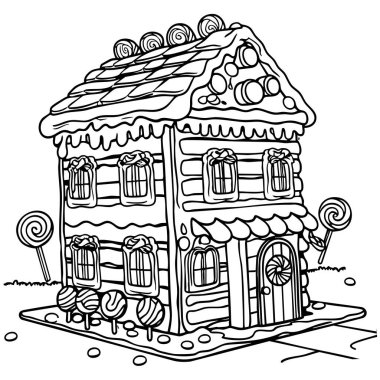 Şekerler, lolipoplar ve jelibonlar ile süslenmiş zencefilli bir evin hoş bir boyama sayfası. Bu tatlı ve şenlikli görüntü, tatil temalı renklendirme oturumları için mükemmeldir ve tuhaf tasarımıyla yaratıcılığa ilham verir..