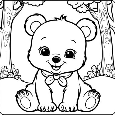 Bu sevimli yavru ayı boyama sayfası, ağaçlar, çiçekler ve bitkilerle dolu huzurlu bir orman sahnesinde oturan gülümseyen bir ayıyı gösteriyor. Küçük çocukların motor becerilerini geliştirip hayvanlara ve doğaya olan sevgilerini artırmak için tasarlanmıştır..