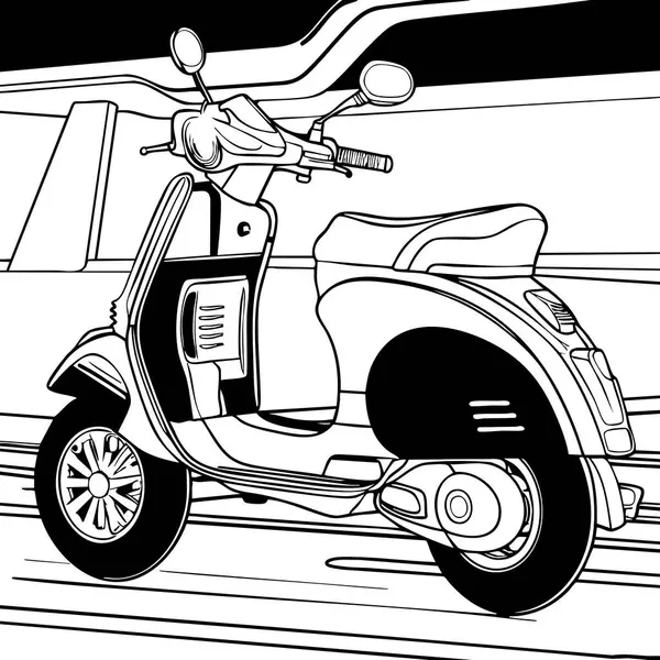 Bu boyama sayfasında şehir caddesinde park etmiş modern bir elektrikli scooter var. Detaylı tasarım modern araç estetiğini sergiliyor ve modern şehir ulaşımına meraklı çocuklar ve yetişkinler için harika bir seçim..