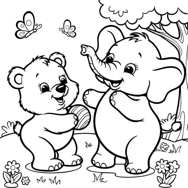 Neşeli bir ayı ve ormanda topla oynayan dost canlısı bir filin yer aldığı hoş bir renkli sayfa. Etrafı kelebekler, çiçekler ve ağaçlarla çevrili bu sahne neşe ve masumiyet saçıyor ve sevimli hayvanları seven genç çocuklar için ideal hale getiriyor.