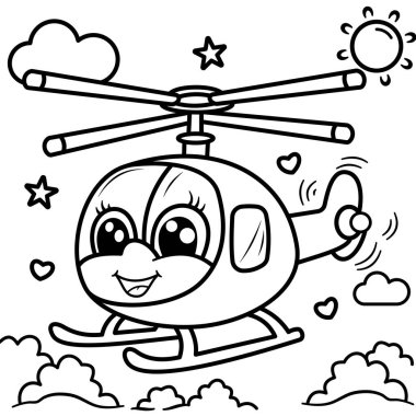 Bu neşeli helikopter boyama sayfasında gökyüzünde bulutlar, yıldızlar ve parlak bir güneşle uçan gülümseyen bir çizgi film helikopteri var..