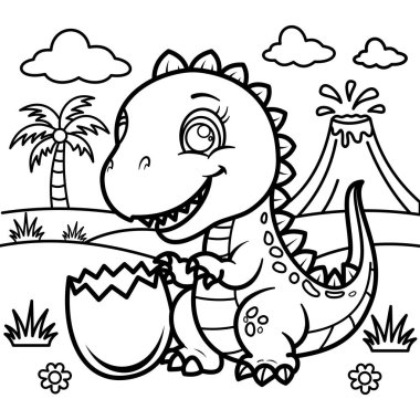 Bu renkli sayfa yumurtadan yeni çıkmış bir bebek dinozoru tasvir ediyor. Arka planda tarih öncesi bir manzarayla mutlu bir şekilde oturuyor. Volkanlar, palmiye ağaçları ve bulutlarla dolu..