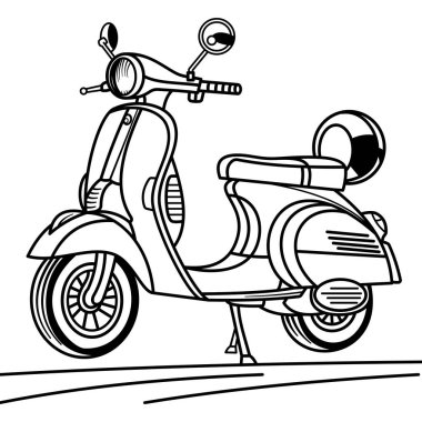 Bu ayrıntılı boyama sayfasında sessiz bir caddeye park etmiş klasik tarzda bir scooter var. Eğlenceli ve nostaljinin mükemmel bir karışımı. Araç temalı boyama sayfalarını seven çocuklar ve yetişkinler için harika..