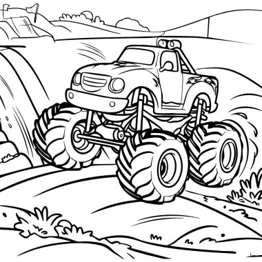 Kocaman lastikleri ve engebeli detayları olan, maceraperest çocuklar için harika, tepelerde ve arazide zıplayıp duran bir canavar kamyonun aksiyon dolu renkli sayfası..