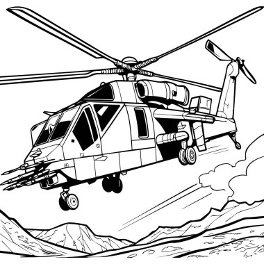 Bu renklendirme sayfası, engebeli dağların üzerinden süzülen güçlü bir saldırı helikopteri gösteriyor. Uçak ve aksiyon sahnelerinin hayranları için çok önemli..