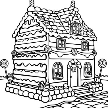 Şeker, krema ve lolipoplarla kaplı büyüleyici bir zencefilli ekmek kulübesi. Bayram temalı renkler için ideal..