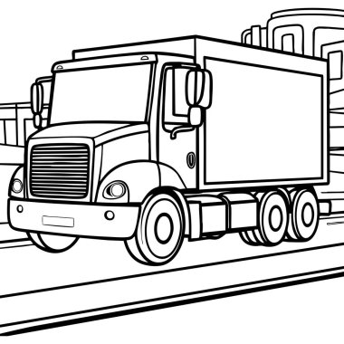 Bu boyama sayfasında büyük bir teslimat kamyonu var. Arka planda binalar var. Ulaşım ve araç aşıkları için mükemmel..