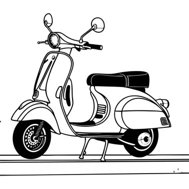 Bu boyama sayfasında klasik bir scooter var. Eski model araçları seven çocuklar için mükemmel bir tasarım..