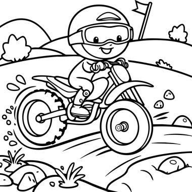 Güvenlik teçhizatlı neşeli bir çocuk engebeli bir yolda arazi bisikleti sürüyor. Arabaları ve açık hava eğlencesini seven çocuklar için mükemmel..