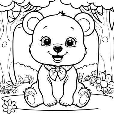 Ağaçlar ve çiçeklerle çevrili, renklendirmeye hazır, huzurlu bir ormanda oturan tatlı bir çizgi film ayısı..