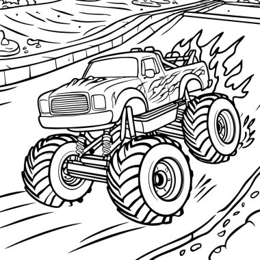 Devasa tekerlekleri ve alevleri olan dev bir kamyonet bir off-road pistinde hızla ilerliyor. Eğlenceli ve dinamik renk aktivitesi için ideal..