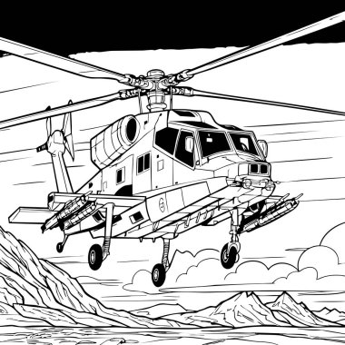 Dağlık bir arazide uçmakta olan detaylı bir askeri helikopter, havacılık hakkında bilgi ve renklendirmeye uygundur..