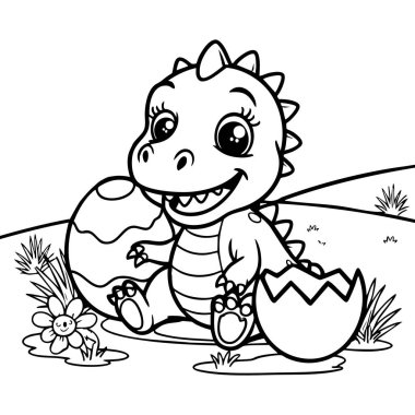 Çimenli bir tarlada kırık bir yumurtanın yanında oturan gülümseyen bir bebek dinozor. Genç çocuklar için mükemmel neşeli bir sahne..