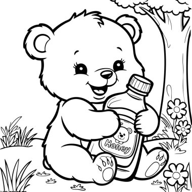 Bu renkli sayfada çiçeklerle dolu bir çayırda otururken elinde bal şişesiyle gülümseyen bir ayı var..