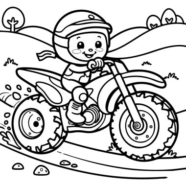 Kasklı ve teçhizatlı neşeli bir çocuk bu enerjik ve eğlenceli renkli sayfada engebeli arazide arazi bisikleti sürüyor..