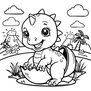 Bu sevimli renkli sayfa, tarih öncesi bir ortamda volkanlar ve tropikal bitkilerle yumurtadan çıkan mutlu bir bebek dinozoru gösteriyor..