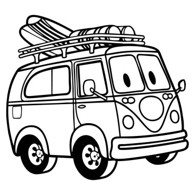 Kocaman gözleri ve sörf tahtaları olan eğlenceli ve neşeli bir karavan. Çocuklar için plaj gezisi boyama etkinliği için mükemmel..