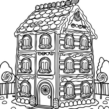 Bu boyama sayfasında uzun, kaprisli, şeker süslemeli, buzlu pencereli ve fantezi bahçeli zencefilli kurabiye evi var..