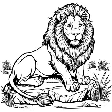 Bu renkli sayfa, savana otlarıyla çevrili bir kayanın üzerinde dinlenen kraliyet aslanını görkemli yelesini ve sakin tavırlarını gösteriyor..