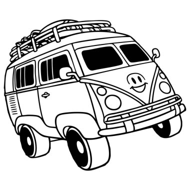 Bu eğlenceli boyama sayfası, çatısında sörf tahtaları taşıyan ve plaj macerasına hazır gülümseyen bir karikatür minibüsü gösteriyor..