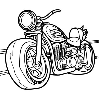 Bu ayrıntılı boyama sayfasında klasik bir motosiklet var. Yakıt deposunda kalın alevler ve arkasında çeşitli vitesler var..
