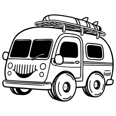 Gülen bir karikatür karavanı sörf tahtaları taşıyor. Neşeli ve yaratıcı bir renk deneyimi için mükemmel..