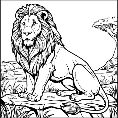 Bu ayrıntılı renklendirme sayfasında, vahşi hayvan temalarını keşfetmek için genç ressamlar için ideal, savanada bir kayanın üzerinde oturan kraliyet aslanı görülüyor..